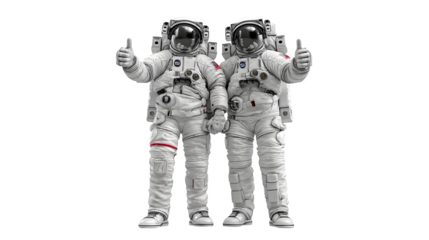 Two astronauts giving thumbs up, standing shoulder to shoulder, photorealistic suits, isolated on white