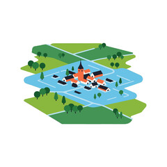 Aerial View of Orange Roofed Village Surrounded by Flood Waters and Green Fields with a Tall Steeple on a Clear Day in Minimalist Style