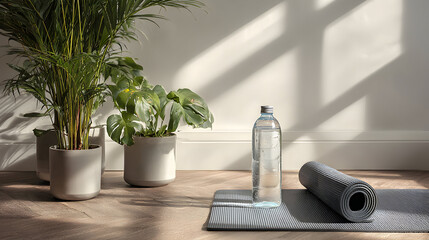 Indoor wellness scene with yoga mat water bottle and plants creating a calm atmosphere in a modern living space perfect for health lifestyle and relaxation concept showing shadow