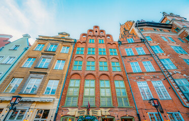 Gdansk with Motlawa river in Poland. Old town colourful house  main square.