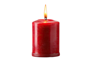 Single red cylindrical candle, flame alight