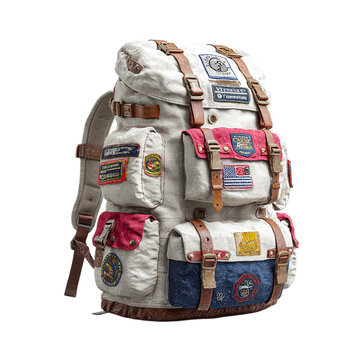 Traveler's backpack with patches and straps - isolated white background --s 250
