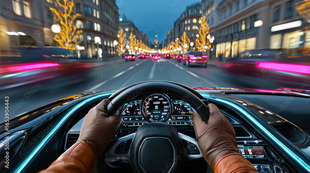 Poster man is driving a car with a steering wheel and a speedometer. the car is moving fast and the man is 