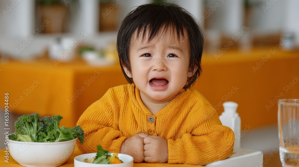 Poster baby is sitting at a table with broccoli and carrots in front of him. he is crying and looking at th