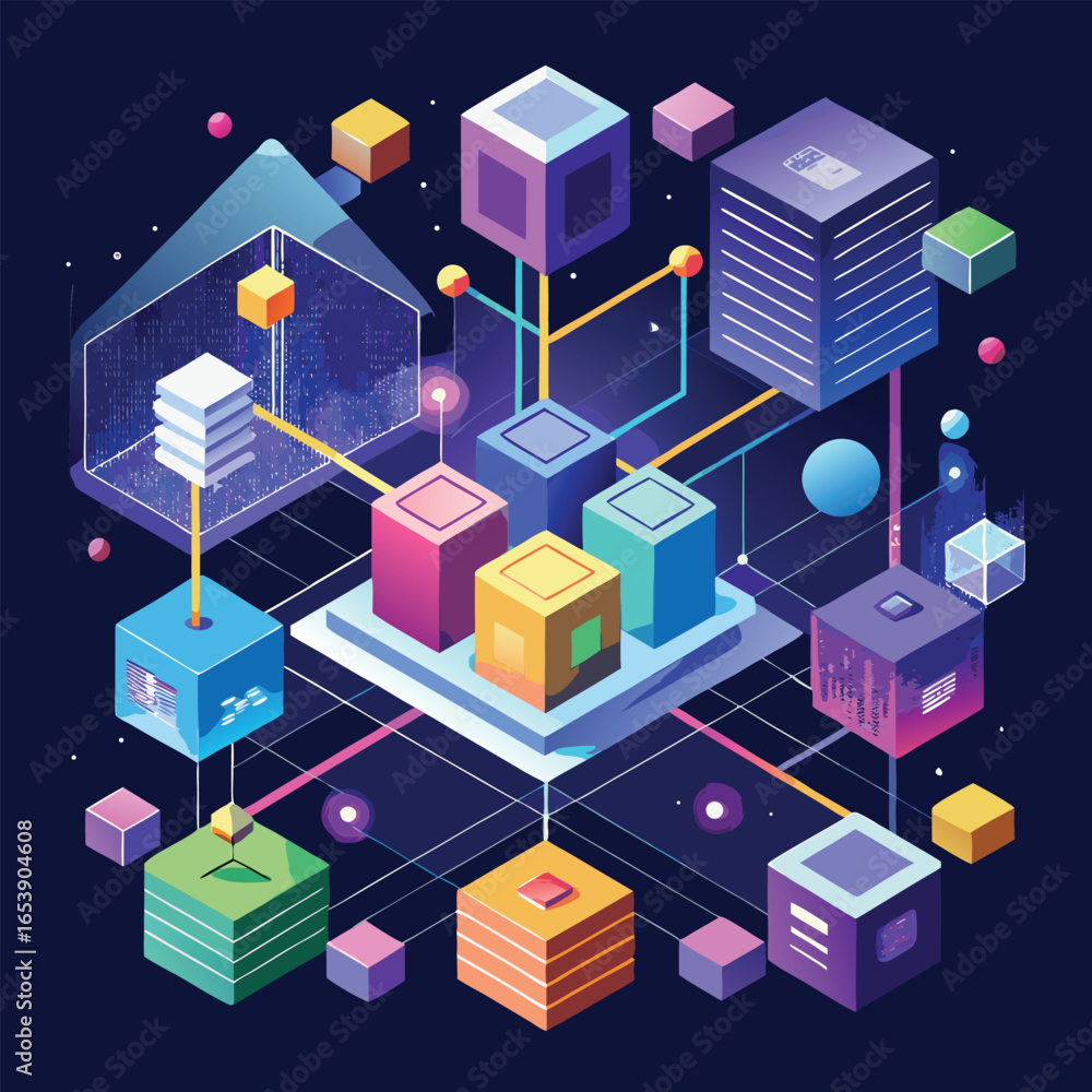 Poster abstract illustration depicting data processing and network architecture with colorful isometric cub