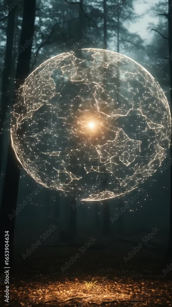 Poster abstract glowing orb in a dark misty forest 3d render