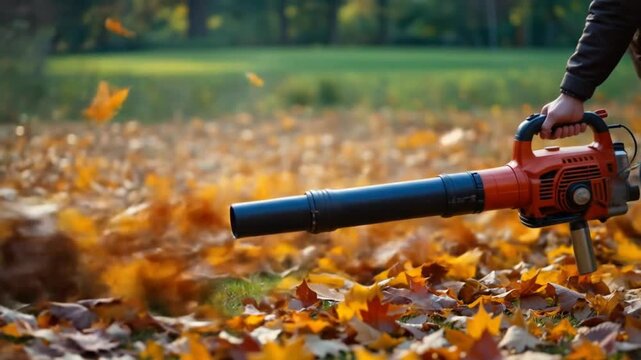 Autumn Leaves Clearing with Leaf Blower: Seasonal Yard Work in Action 50 characters, minimum 100