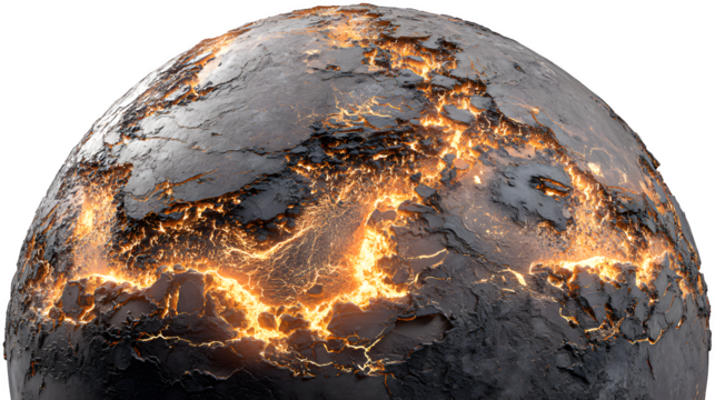 Volcanic moon breaking apart from tidal stress, glowing magma fissures, isolated on transparent background