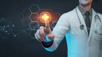 Futuristic Doctor Touching Medical Interface