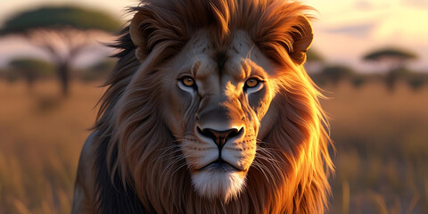 Fototapeta premium Majestic Lion Standing in Savannah at Sunset