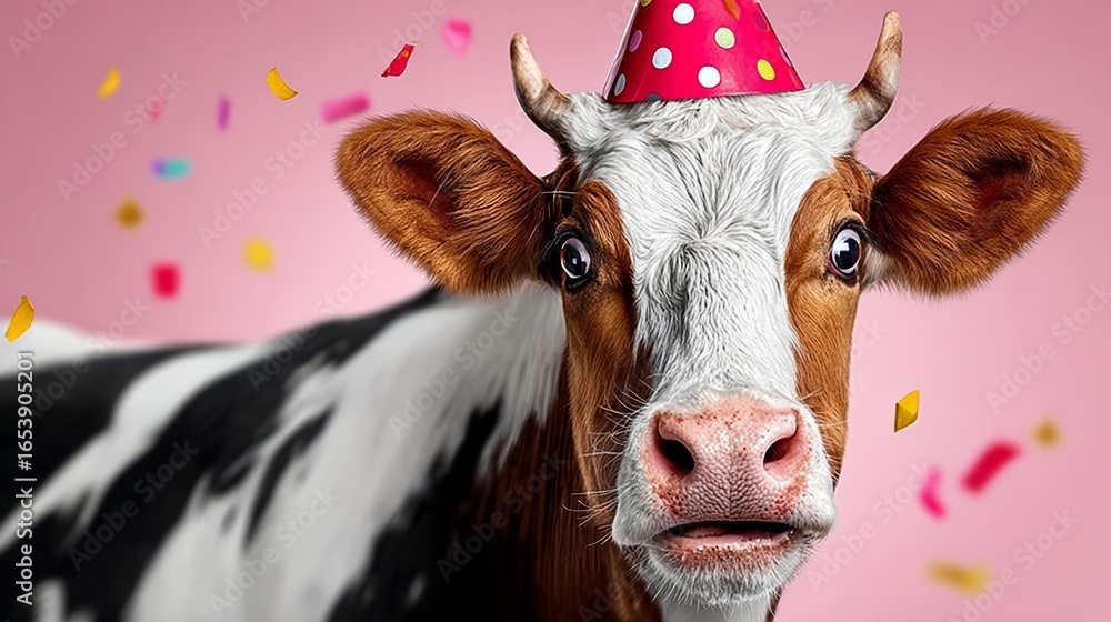 Aufkleber cow with a party hat on its head. the cow is looking at the camera with a surprised expression. the 