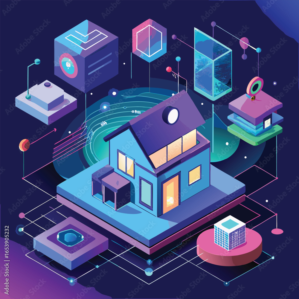 Poster digital smart home concept illustrating futuristic architecture and connected technology systems in 