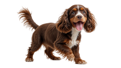 Beautiful joyful brown puppy dog with fluffy coat playful expression happy face adorable furry pet portrait studio photography on black background