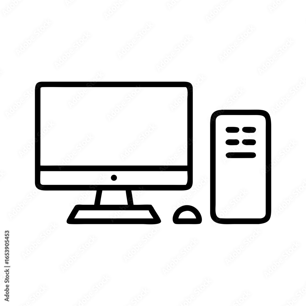 Poster illustration of a desktop computer setup with monitor, tower, and mouse in black outline style