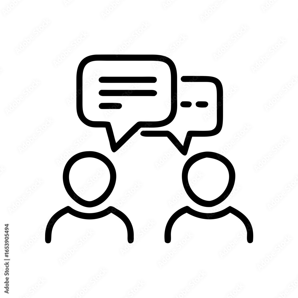 Poster two people talking with speech bubbles showing conversation and communication in a simple black outl