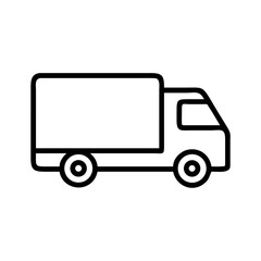 Fototapeta premium Outline illustration of a delivery truck with a rectangular cargo area and two visible wheels on white background