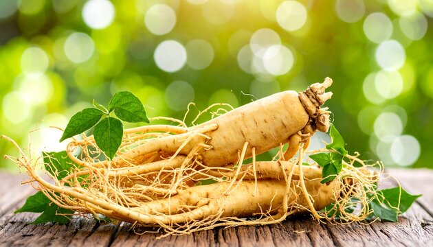 Fresh ginseng root on a rustic wooden surface