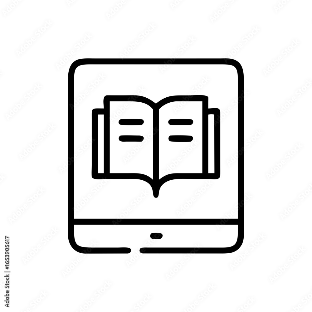 Poster illustration of a tablet displaying an open book with pages on the screen in a simple black outline 