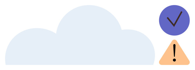 Cloud with warning triangle and check mark emphasizing data analysis, system health, and decision tracking. Ideal for technology, alerts, monitoring, security, communication, storage data