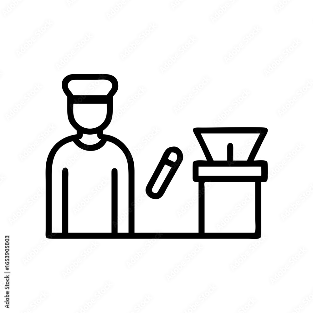 Aufkleber man with hat standing next to a table with a container and a pen in a simple line drawing style