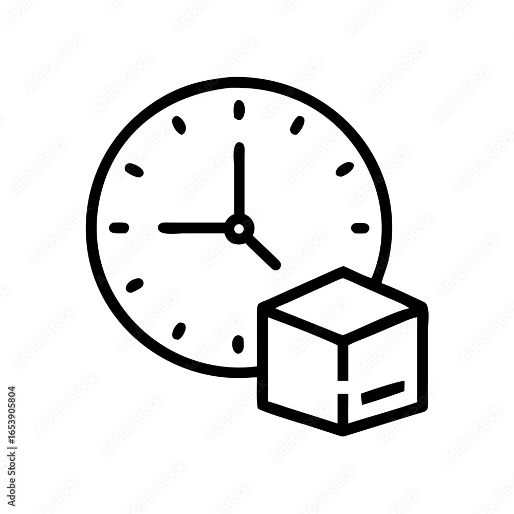 Poster outline clock with short hands and a cube shape with a line on it in a simple black and white design