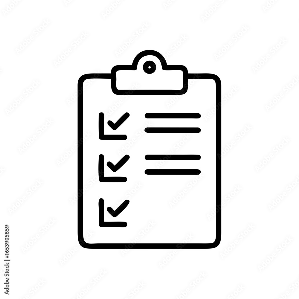 Poster clipboard with check marks and lines representing tasks or items on a list in a simple outline style