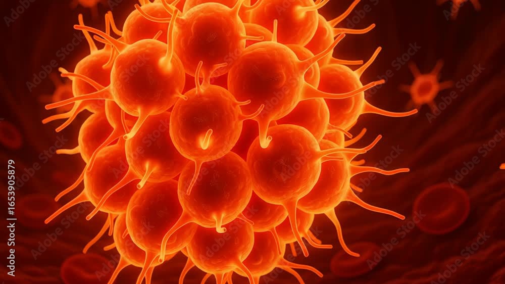Poster microscopic view of vibrant orange cells exploring intricate structures and details in biology and s