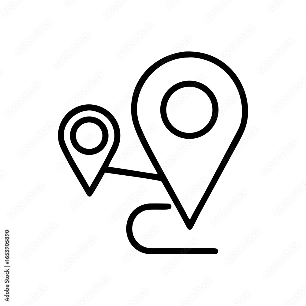 Poster two location pin markers connected by a line showing a path or route in a simple black outline desig