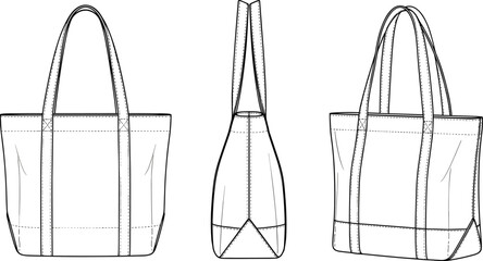 Tote bag front, side and perspective view, cad fashion sketch, technical flat design, vector illustration, handbag pattern drawing