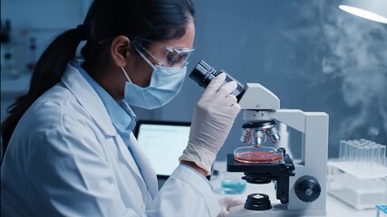 Female scientist in a lab coat examines petri dish under microscope, showcasing meticulous research process and scientific exploration in a modern laboratory environment - Powered by Adobe
