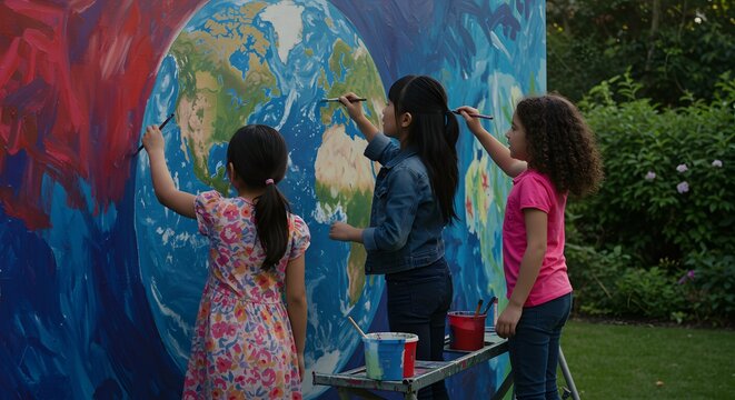Three young children collaborating to paint a large mural of the earth outdoors in a garden setting
