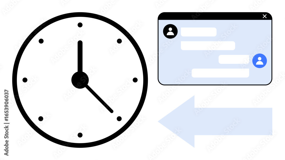Poster analog clock, chat window with conversation bubbles, and directional arrow. ideal for productivity, 