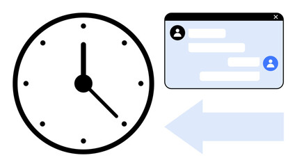 Analog clock, chat window with conversation bubbles, and directional arrow. Ideal for productivity, time management, online chatting, communication, interaction, scheduling simple landing page