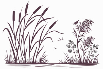 Coastal & Marshland Plants Silhouette Collection – Vector Set of Cattails, Reeds, and Tall Grasses for Waterside Nature Scenes