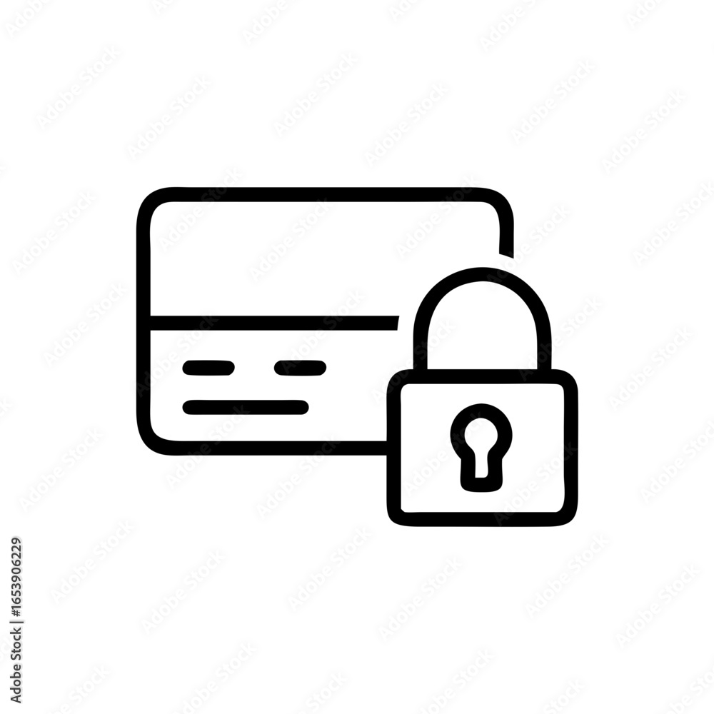 Poster outline drawing of a credit card with magnetic stripe and a padlock symbolizing secure transaction p