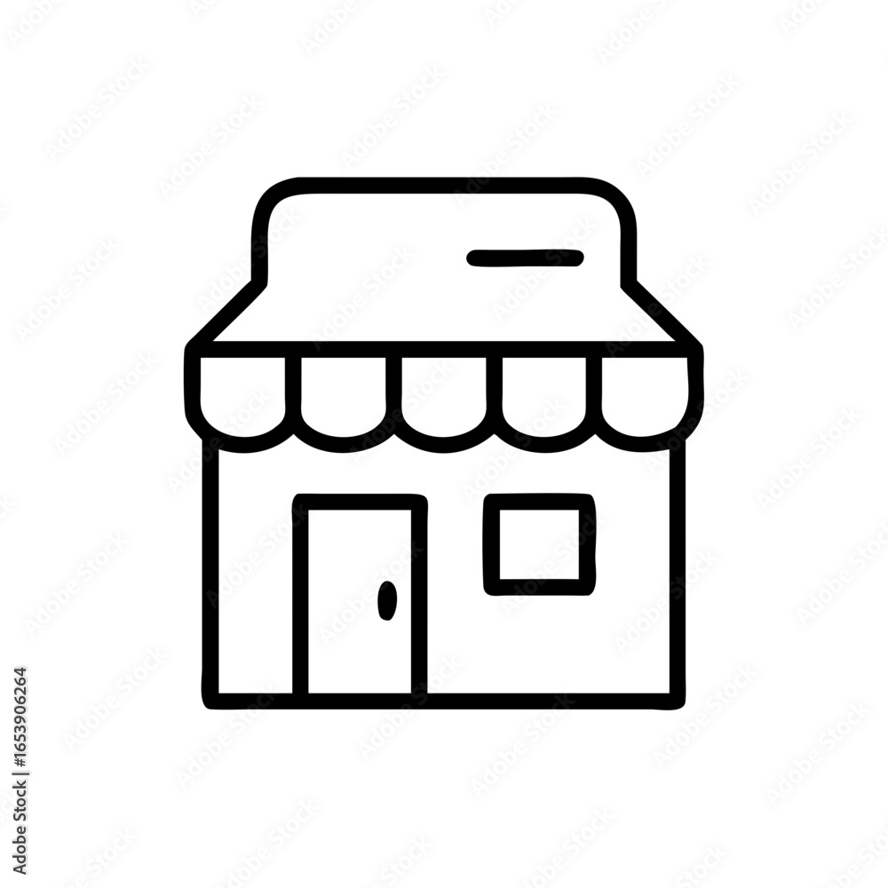 Poster outline drawing of a small shop with a door and window under an awning, simple and minimalist design