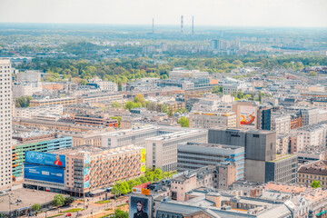 Panoramic view of modern skyscrapers and business centers in Warsaw. View from Palace of Culture...