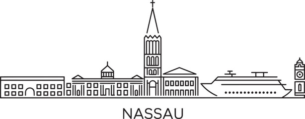 Fototapeta premium Nassau Skyline Vector Illustration with Landmark Buildings and Cruise Ship Silhouette Outline