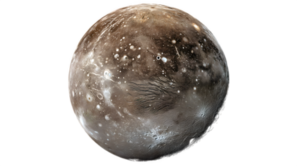Ganymede with grooved terrain and craters, Jupiter?s largest moon, isolated on white