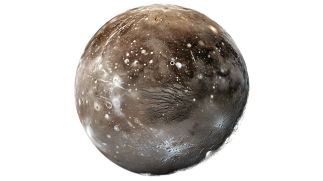 Ganymede with grooved terrain and craters, Jupiter?s largest moon, isolated on white