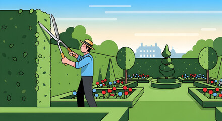 Gardener trimming formal hedge