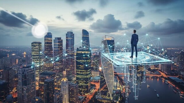 A man in a suit stands on a platform overlooking a cityscape with digital network connections