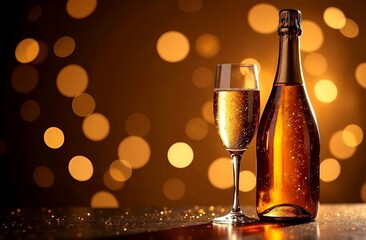 Christmas or New Year composition - champagne bottle and glasses on black background with lights and gold bokeh