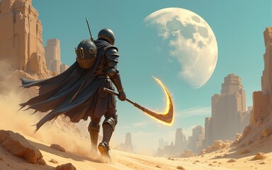 A high-tech armored warrior wields a glowing scythe while moving through a windswept desert filled with ruined structures and a massive moon overhead, digital art style, illustration painting