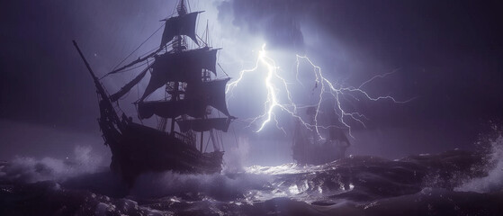 Pirate ship in a storm with lightning over the dark ocean waves