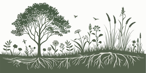 Botanical Meadow Cross-Section Silhouette – Vector Illustration of Soil Layers, Root Systems, Wildflowers, and Grasses in Detailed Cutaway View