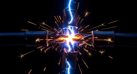 An electric short circuit with sparks and blue light on a black background