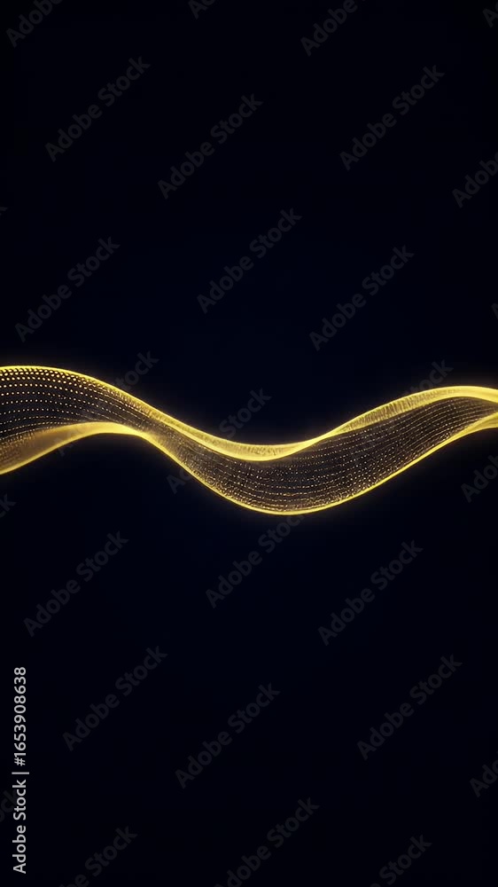 Poster abstract golden particles flowing with light waves on dark background