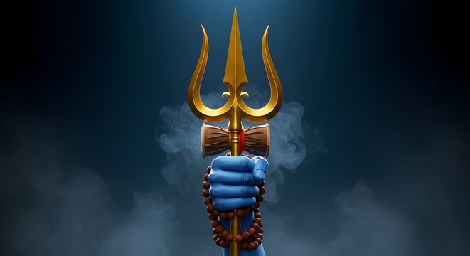 Lord shivas golden trishul held by a blue hand with a mala, symbolizing divine power and spirituality