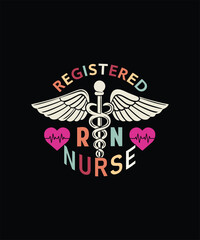 Registered nurse rn caduceus symbol with wings and hearts t-shirt design